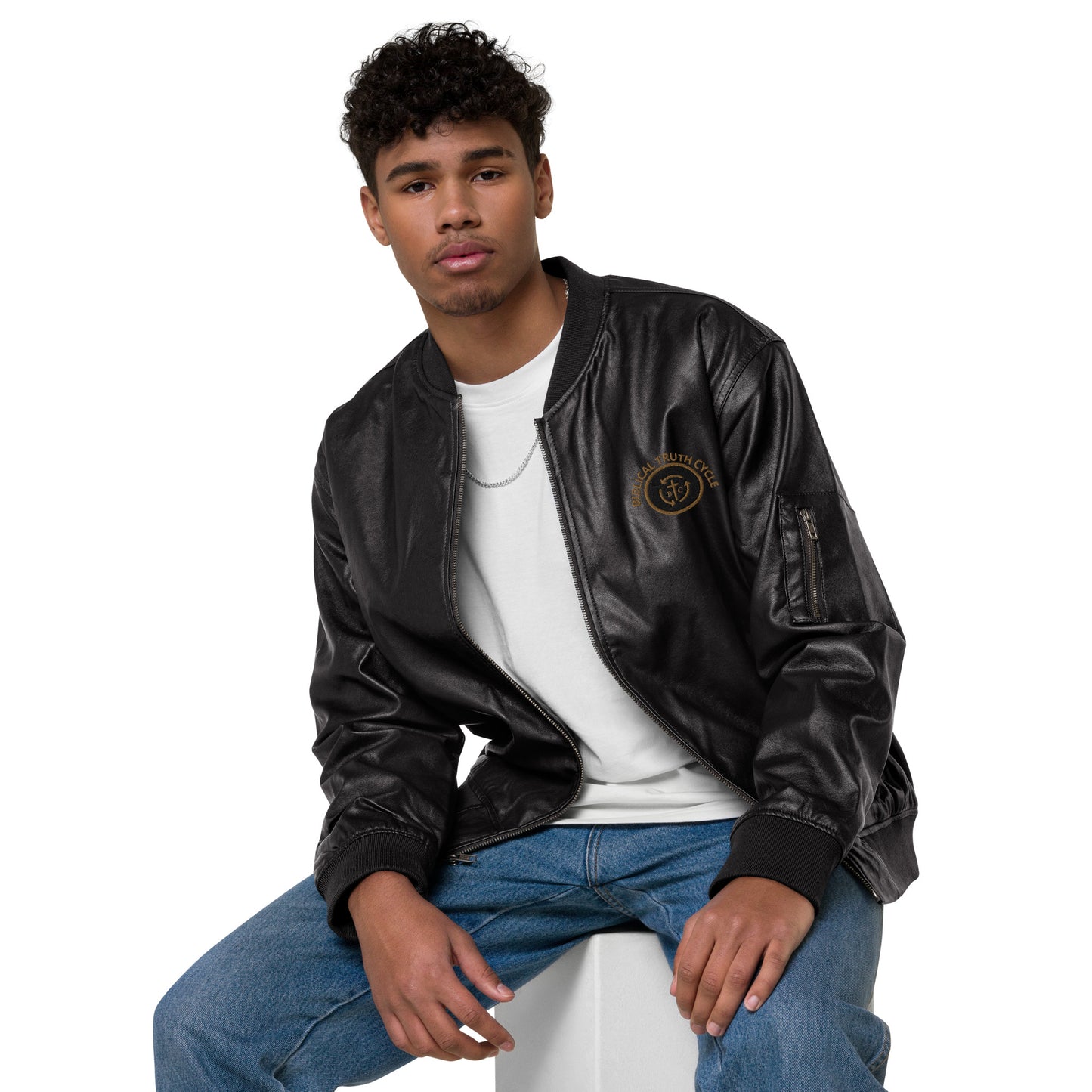 Biblical Truth Cycle - Black Leather Bomber Jacket (Logo-NoSlo)