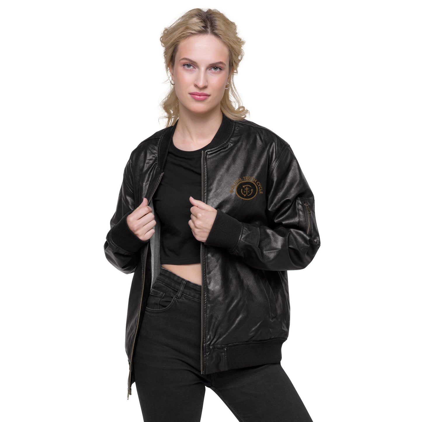 Biblical Truth Cycle - Black Leather Bomber Jacket (Logo-NoSlo)