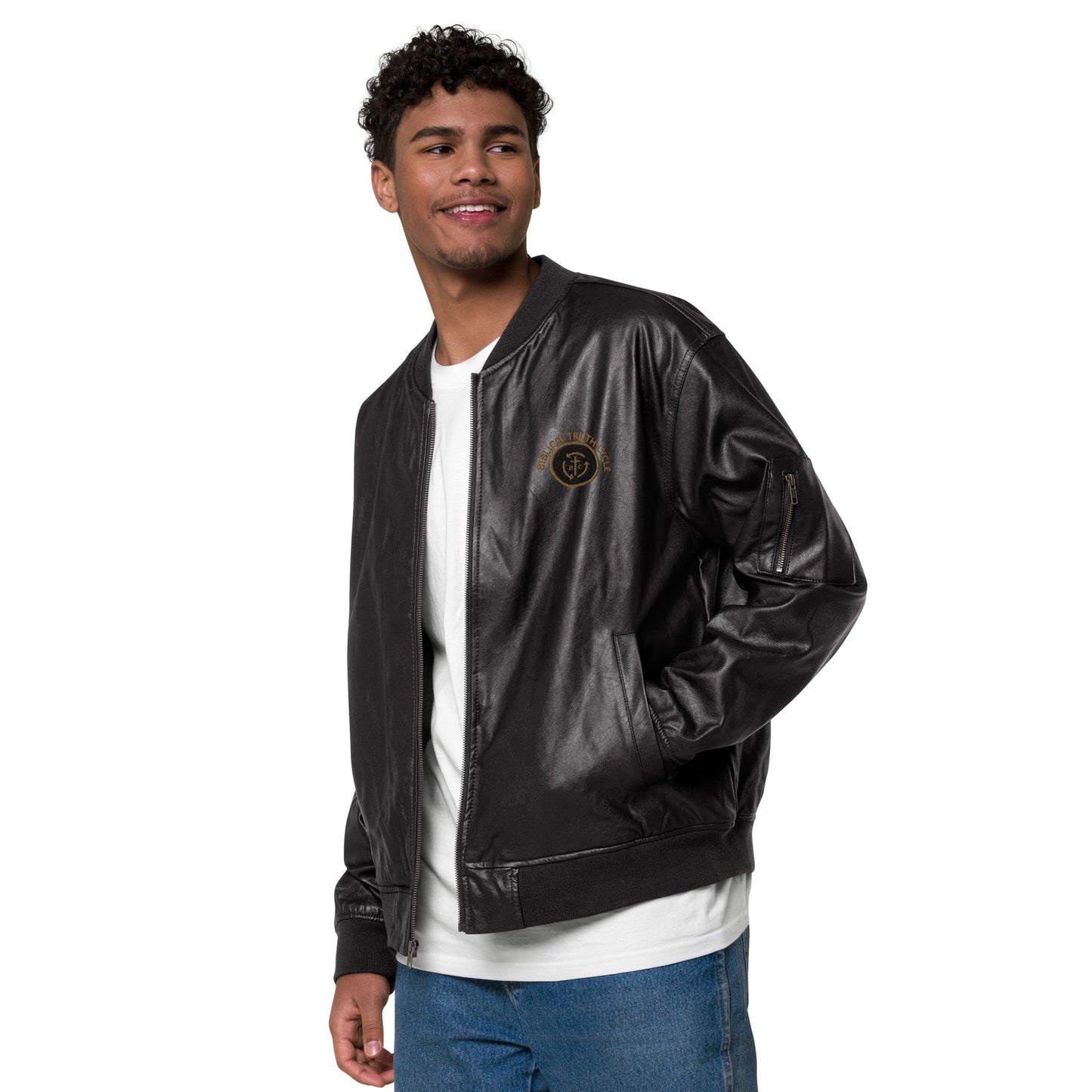 Biblical Truth Cycle - Black Leather Bomber Jacket (Logo-NoSlo)