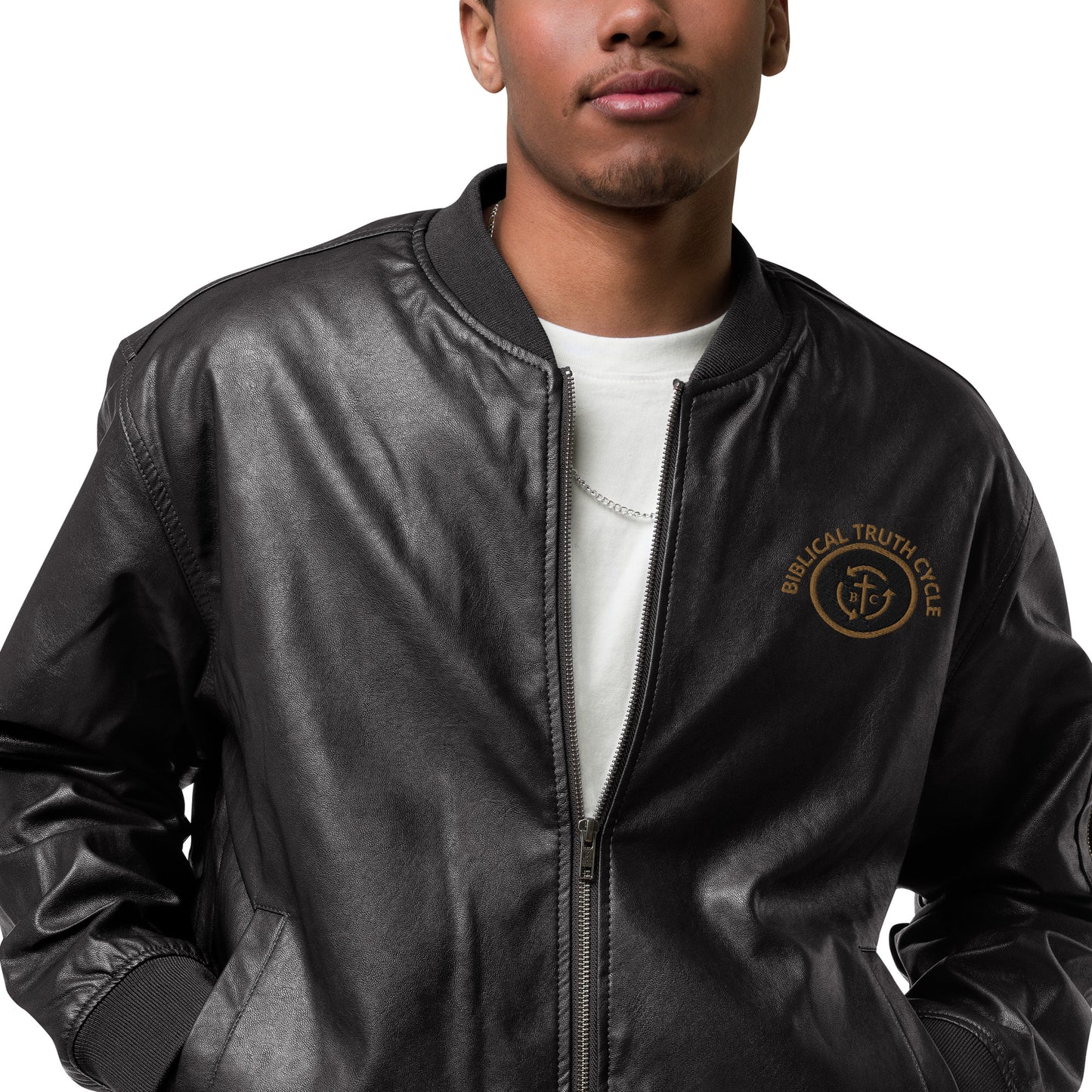 Biblical Truth Cycle - Black Leather Bomber Jacket (Logo-NoSlo)