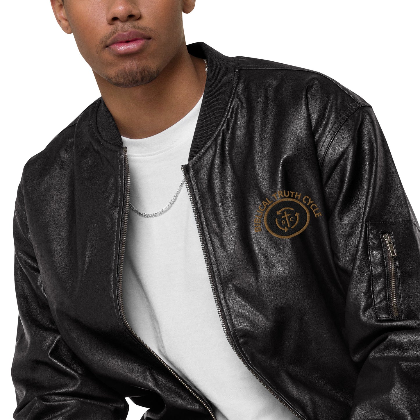 Biblical Truth Cycle - Black Leather Bomber Jacket (Logo-NoSlo)