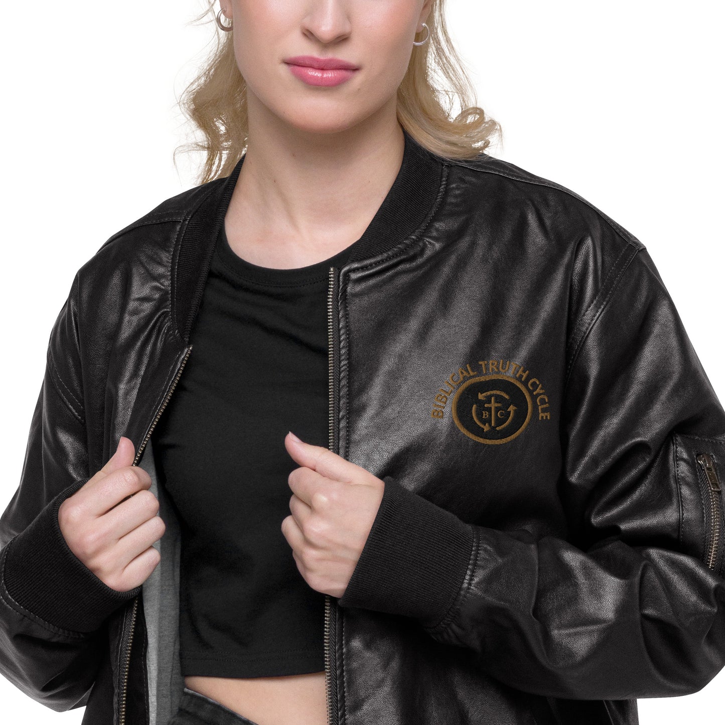 Biblical Truth Cycle - Black Leather Bomber Jacket (Logo-NoSlo)