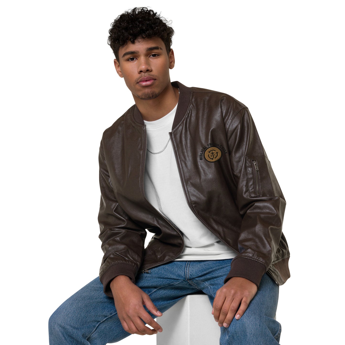 Biblical Truth Cycle - Brown Leather Bomber Jacket (Logo-NoSlo)