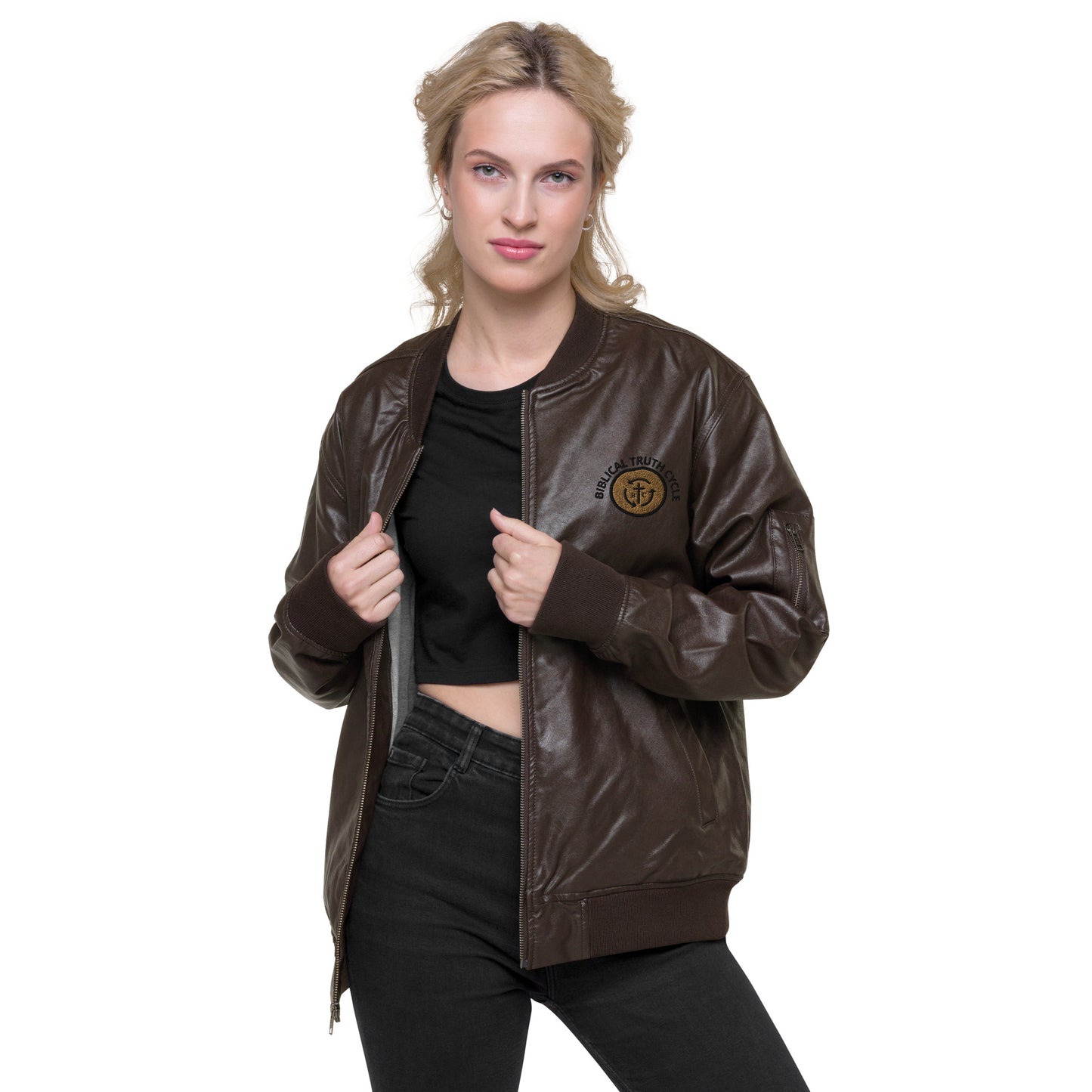 Biblical Truth Cycle - Brown Leather Bomber Jacket (Logo-NoSlo)