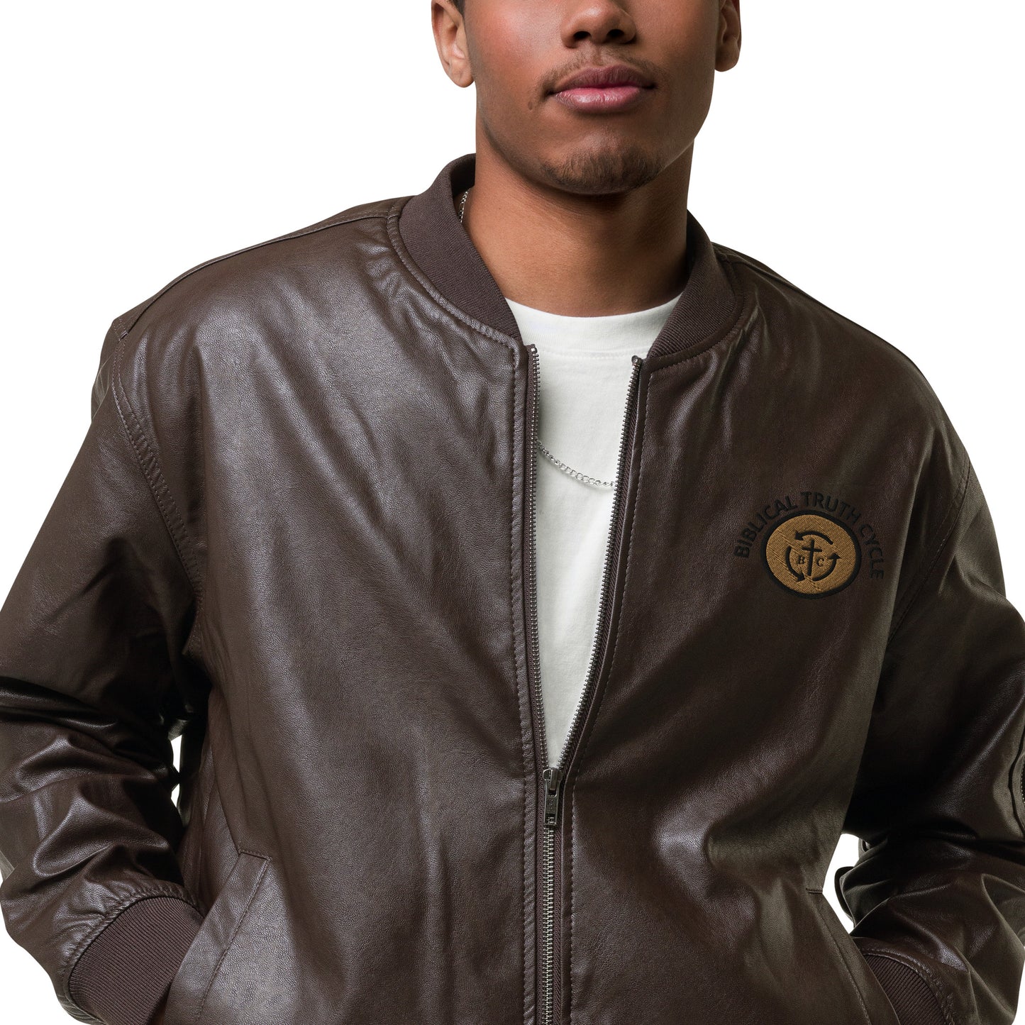 Biblical Truth Cycle - Brown Leather Bomber Jacket (Logo-NoSlo)