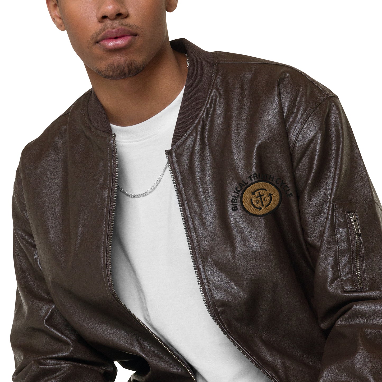 Biblical Truth Cycle - Brown Leather Bomber Jacket (Logo-NoSlo)